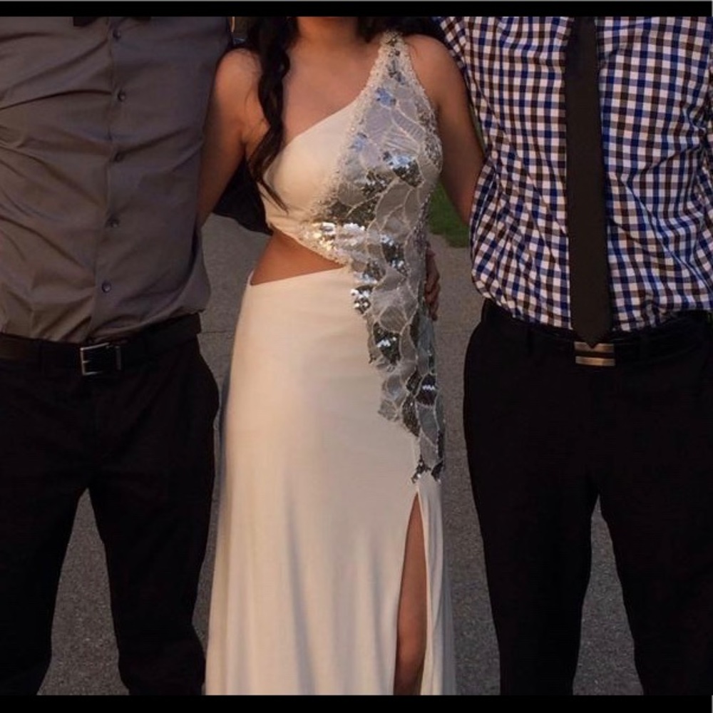 one shoulder white cut out gown